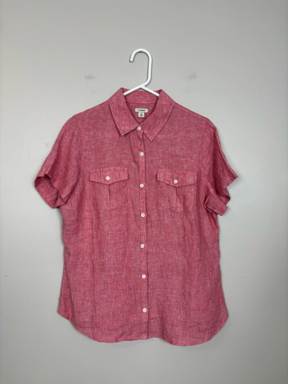 LL Bean Top Womens Medium 100% Linen Button Front Short Sleeve Shirt in Red